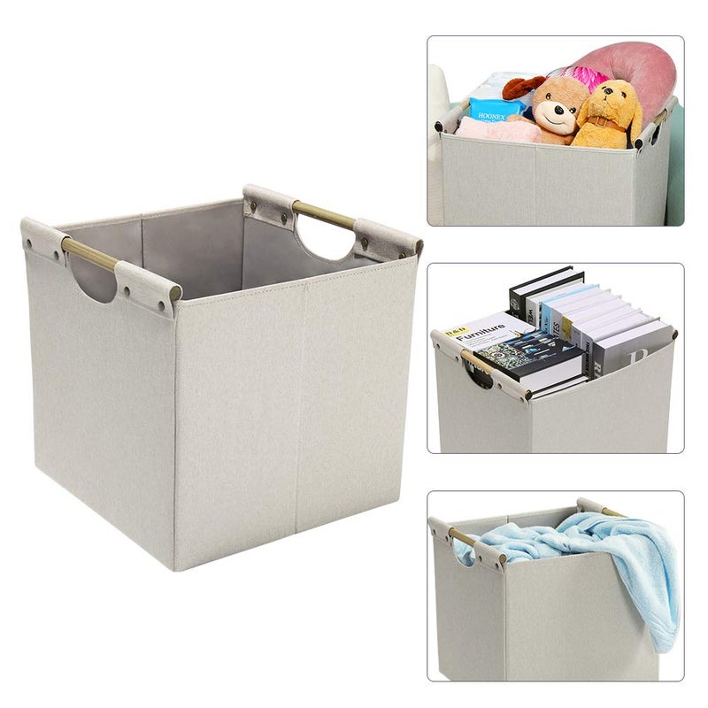 HOONEX Collapsible Storage Bins, 13x13x13in Storage Cubes Linen Fabric, 3 Pack, Storage Baskets with Wooden Carry Handles and Sturdy Heavy Cardboard, for Home, Office, Car, Nursery, Beige - Image 2